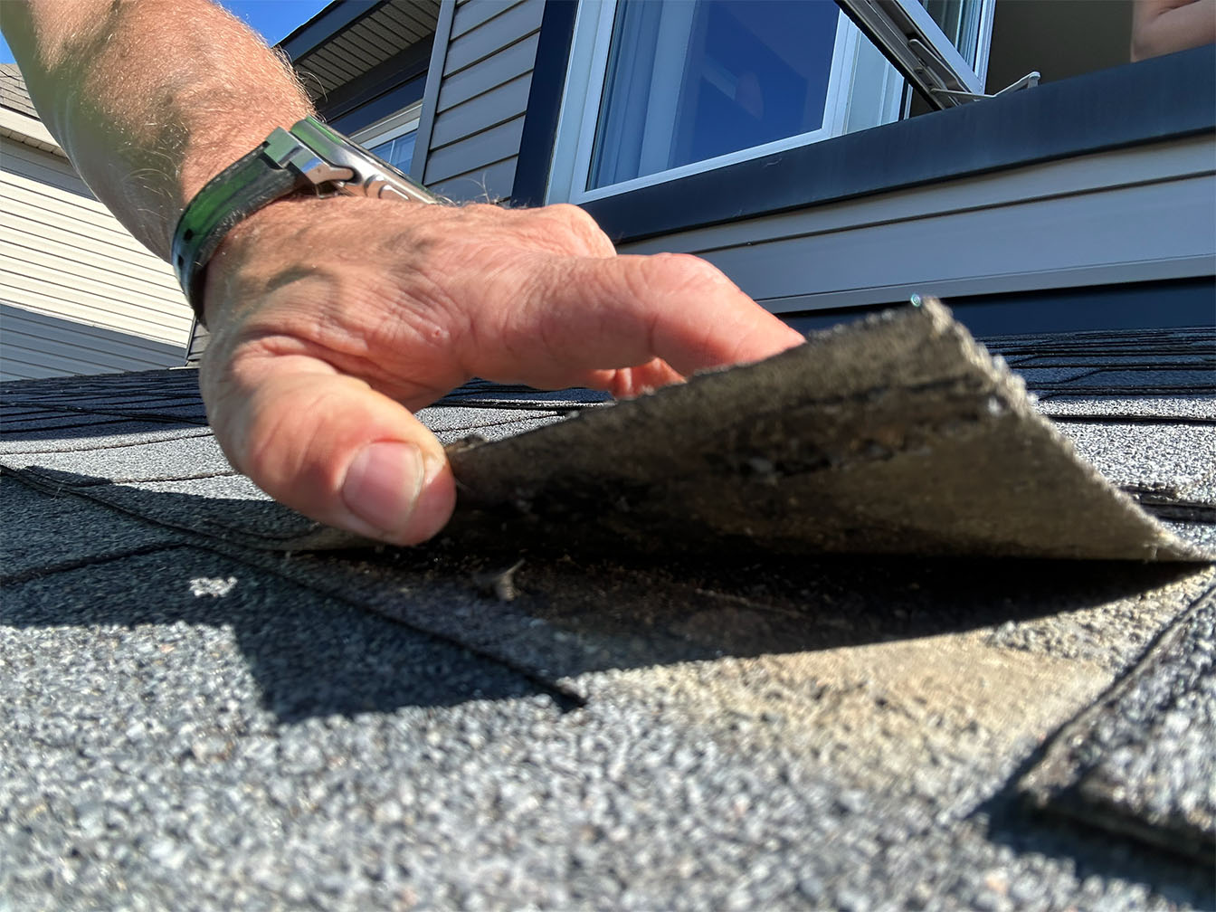 Close-up of lifted and aging asphalt shingles during roof inspection in Ottawa residential home