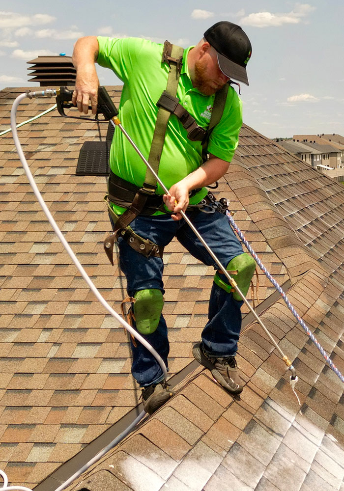 Technician applying RoofRestor roof rejuvenation treatment on asphalt shingles in Ottawa to restore instead of replace