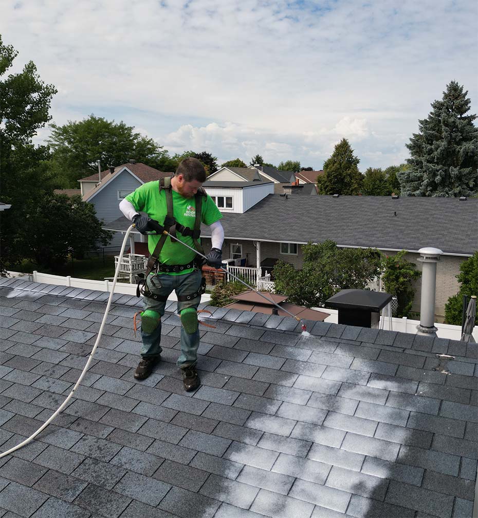 Professional roof rejuvenation treatment being applied to asphalt shingles in Ottawa