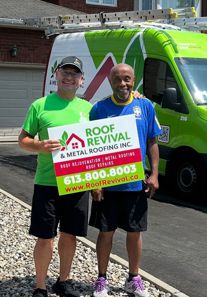 Roof Revival technician standing with Ottawa homeowner after transparent roof assessment in residential neighborhood