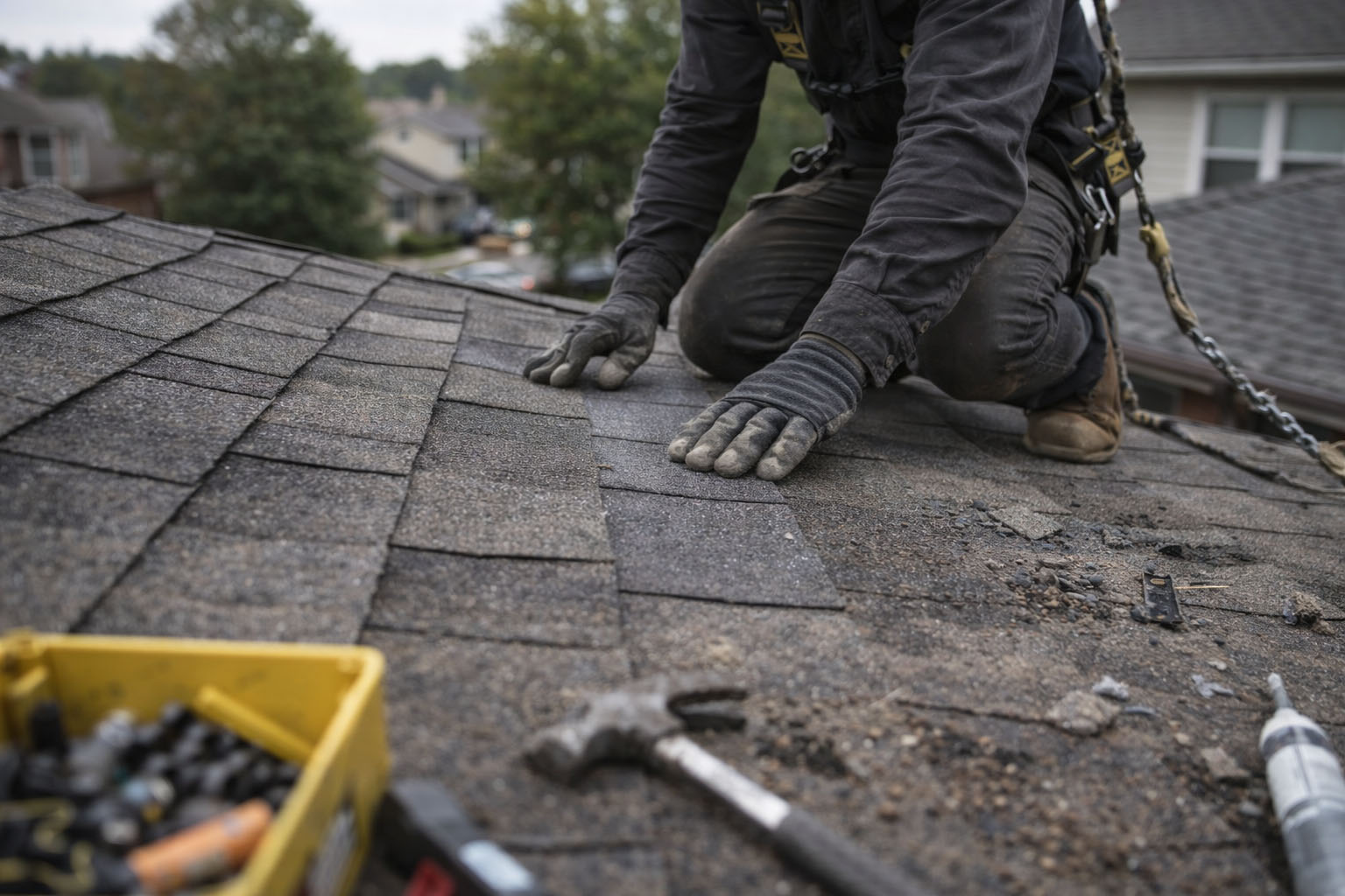 roofing contractor inspecting and repairing asphalt shingles on residential roof