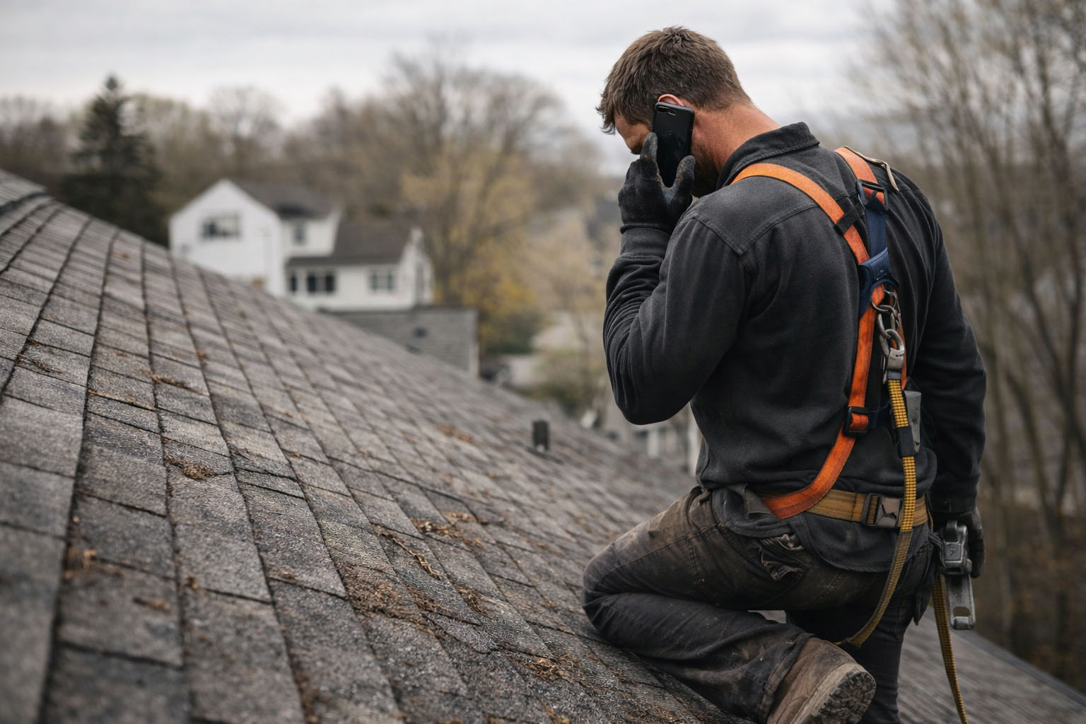 roofing contractor inspecting asphalt shingle roof and calling client with findings