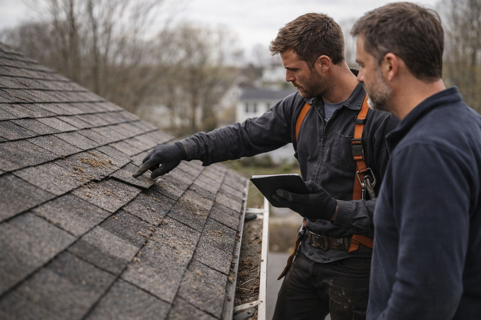 roofing contractor explaining roof damage to homeowner during inspection