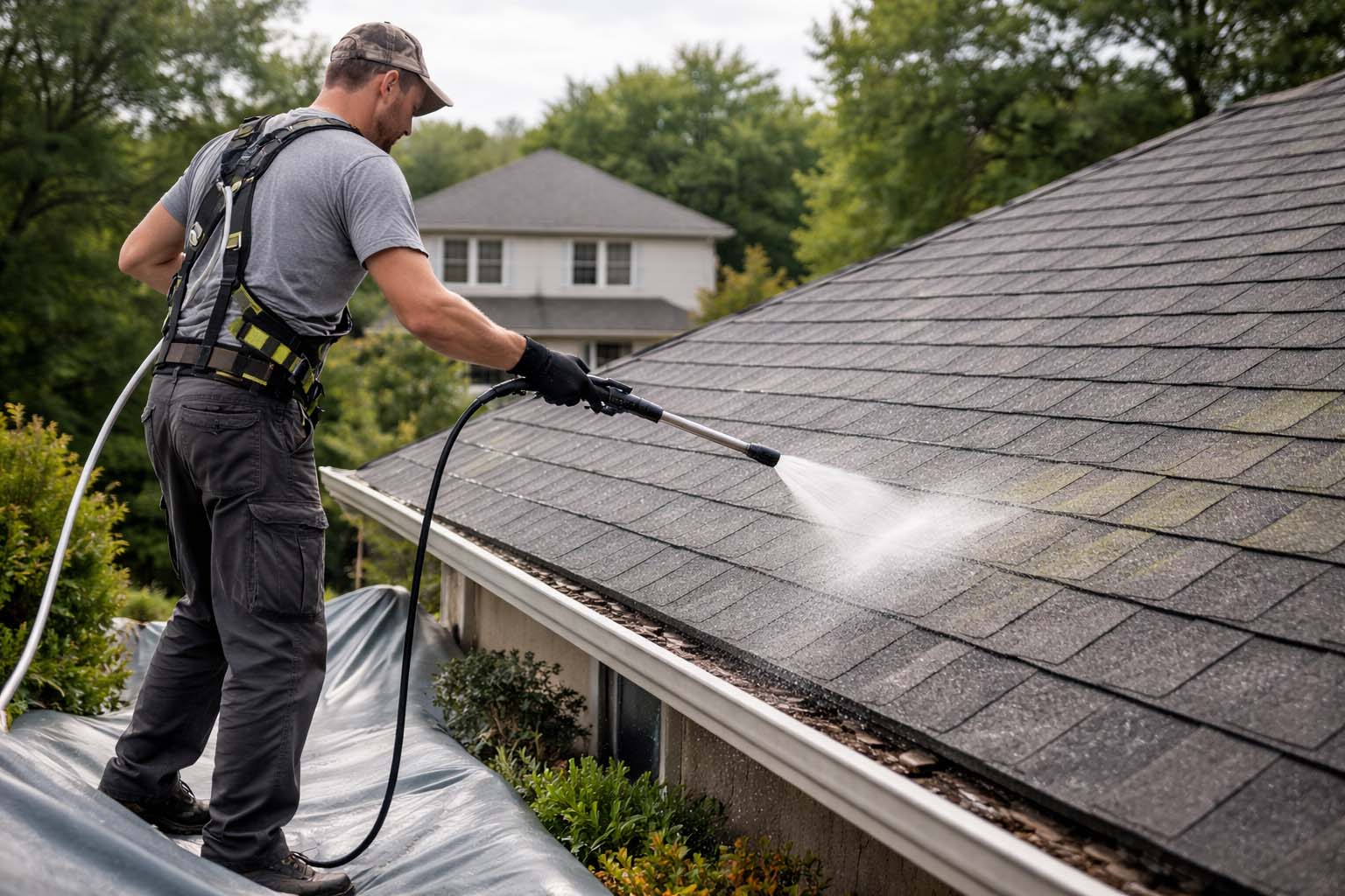 Technician performing controlled soft wash algae treatment on asphalt shingle roof with landscaping protected