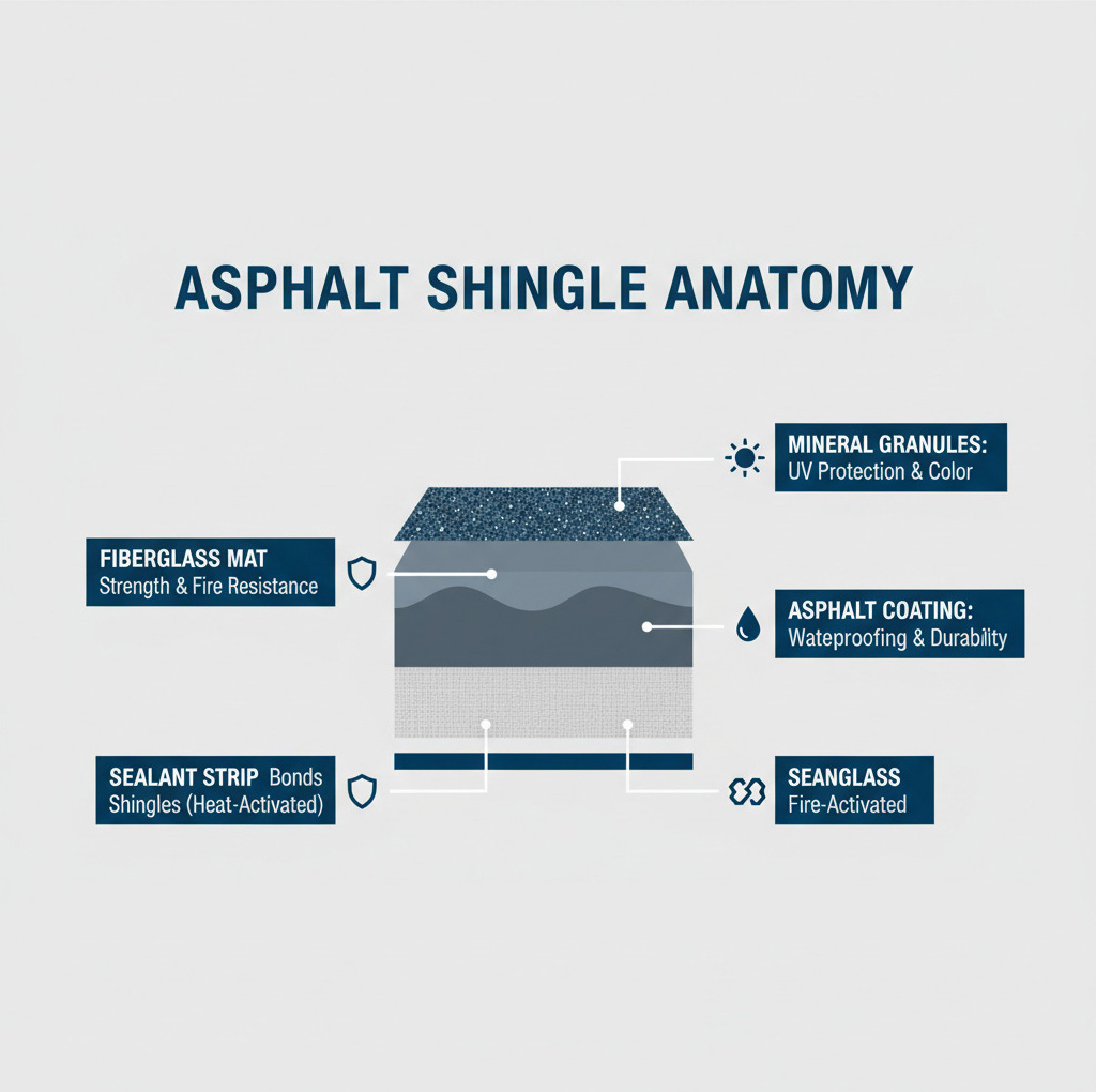 diagram showing asphalt shingle anatomy including fiberglass mat asphalt coating and mineral granules