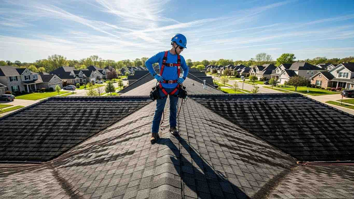 roof technician inspecting asphalt shingle roof with black algae streaks before soft wash treatment